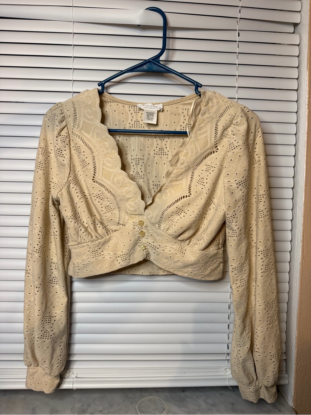 Eyelet Scallop V-Neck Crop Blouse - Cream